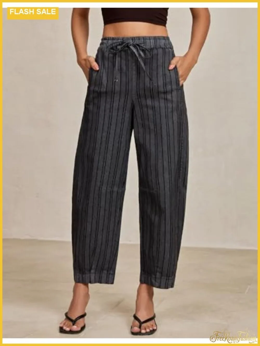 Striped Barrel Cropped Jeans High Waisted Pull On Elastic Waist Wide Leg